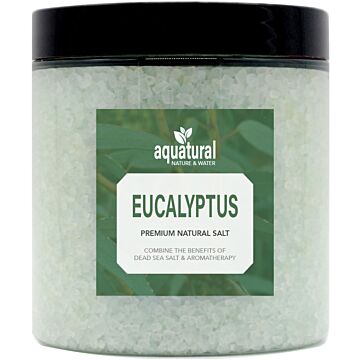 Aquatural Eucalyptus Premium Natural Dead Sea Salt in a 350 gram jar, ideal for aromatherapy