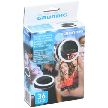 Light ring for selfies by Grundig with 3 levels of light intensity via 36 LED lights, to add light in dark situations such as at night or outside in the evening