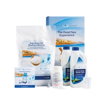 The Dead Sea Experience complete kit van AquaFinesse voor opblaasbare jacuzzi’s met daarbij 2 keer 2 liter AquaFinesse vloeistof, 6 kg Dode Zeezout, 1 pot chloorgranulaat met maatbekers en gebruikershandleiding inbegrepen
